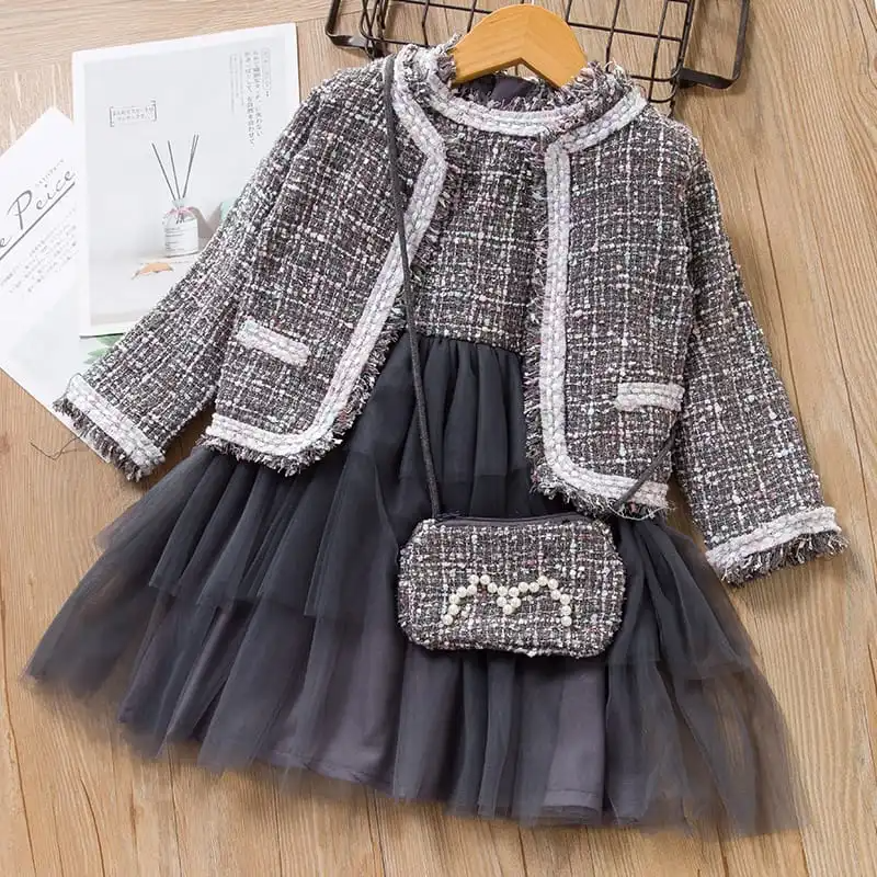 Girls Sleeveless Mesh Spliced And Long-Sleeves Coat With Bag Set