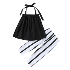 Kids Toddler Baby Girls Fashion Black Halter Neck Tube Top And Stripe Trousers Two-Piece Set