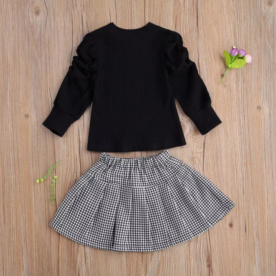 Children Kids Toddlers Girls Black Long Sleeves Tops And Skirt 2pcs Set