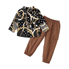 Children Kids Toddlers Fashion Girls Long Sleeve Chain Print Top And Solid Color Pants 2pcs Set