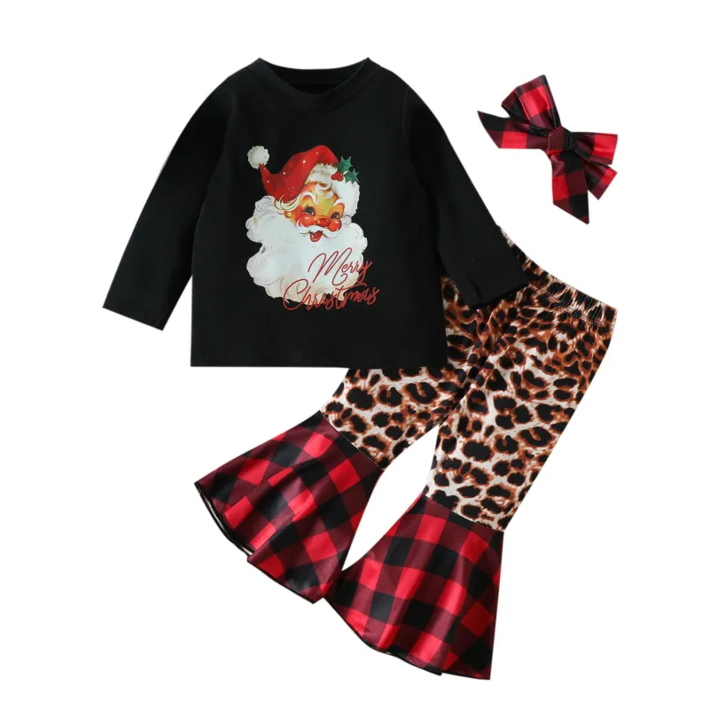 Kids Toddler Girls Casual Cute Party Santa Letters Round Neck Long Sleeve T-Shirt Flare Trousers Sets