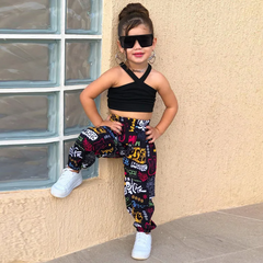 Children Kids Baby Fashion Girls Hanging Neck Top And Print Pants 2pcs Set