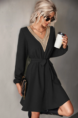 Autumn Winter Women Fashion V Neck Lace Long Sleeve Casual Dress