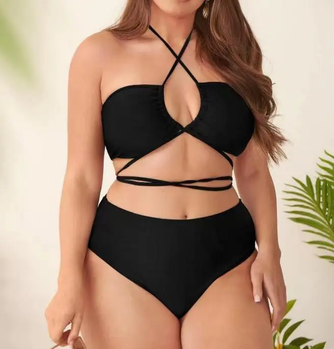 ashion Summer Vacation Women Plus Size Solid Color Split Halter Bikini Swimsuit