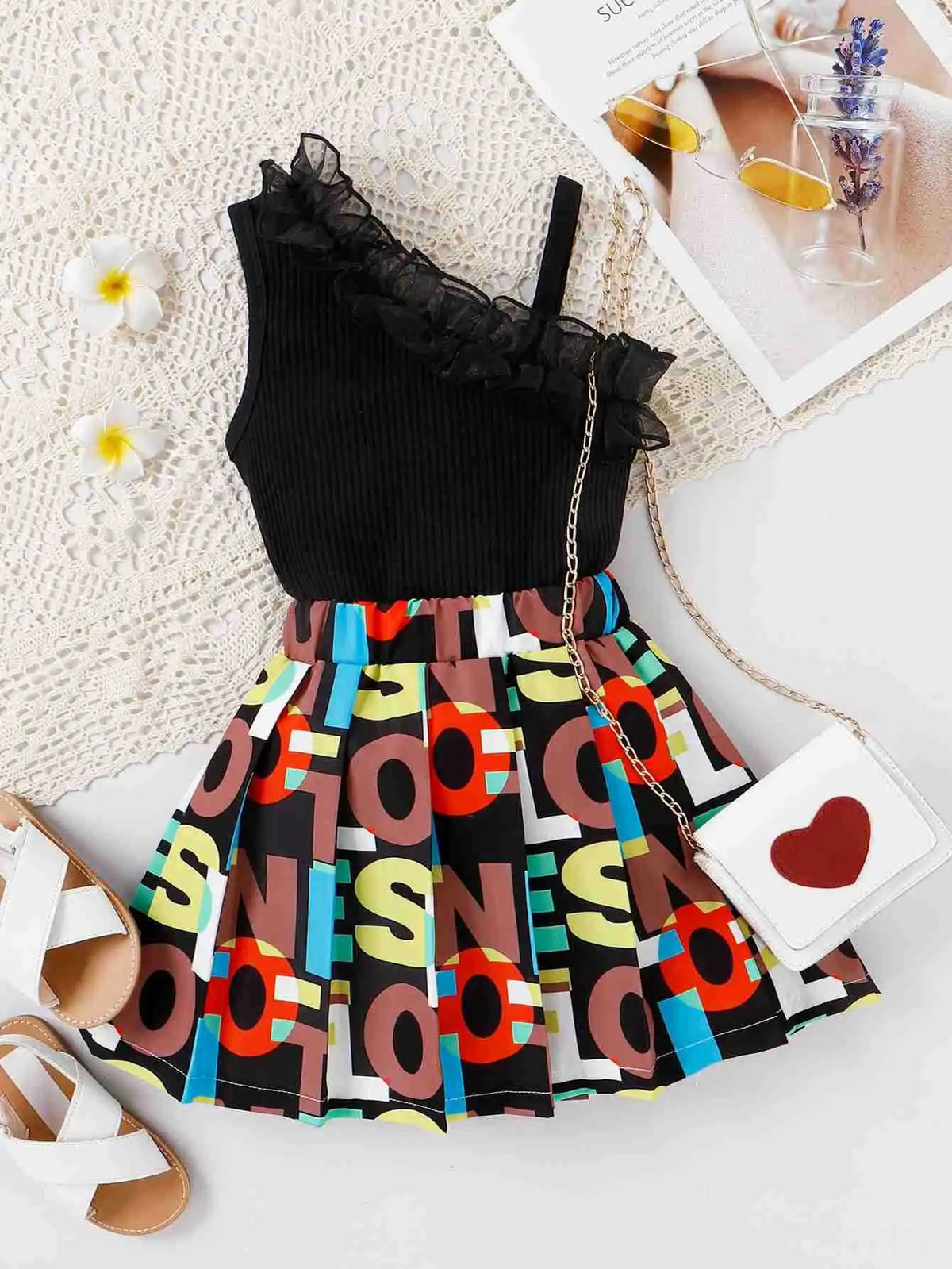 Children Kids Baby Fashion Girls Sleeveless Slanted Shoulders Lace Top And Letter Pleated Skirt 2pcs Set