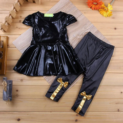 2 Pcs Fashion Girl Patchwork Solid Color Tops And Pants Set