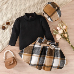 Kids Toddler Girls Fashion Casual Solid Color Stripe Long Sleeve Round Neck T-Shirt Plaid Short Skirt Sets