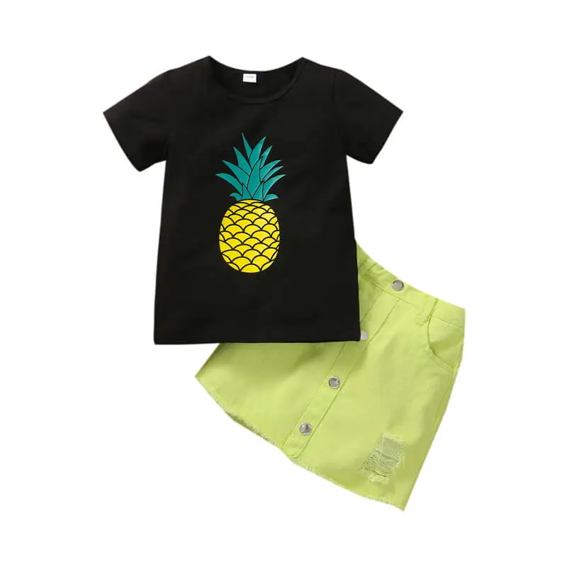 Girls Fashion Pineapple Pattern T-Shirt And Denim Skirt Set