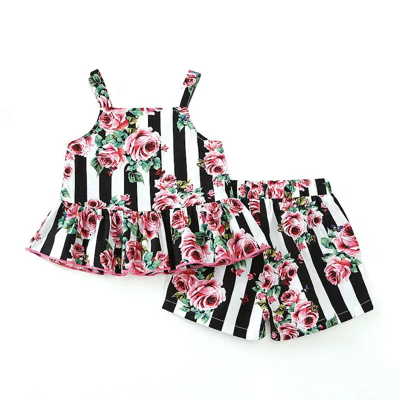 2 Pcs Set Girls Cotton Floral Printed Sleeveless Tops And Shorts