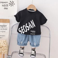 Boys Girls Neutral Summer Words Short-Sleeved Crewneck T-Shirt Denim Shorts 2-Piece Set