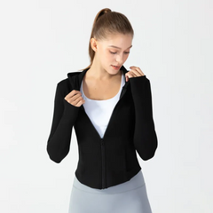 Women'S Slim Fit Hooded Windproof Pocket Yoga Fitness Casual Running Cardigan Sport Zipper Jacket