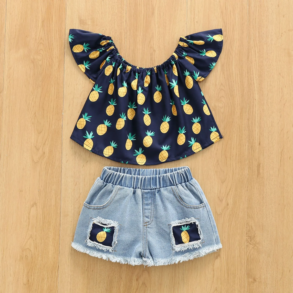 Children Kids Baby Fashion Girls Rufflr Sleeve Pineapple Print Top And Denim Shorts 2pcs Set