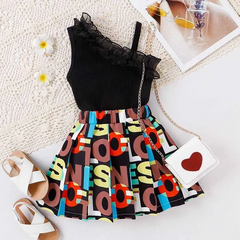 Kids Toddler Girls Casual Cute Solid Color Sleeveless One-Shoulder Top Letter Print Skirt Set