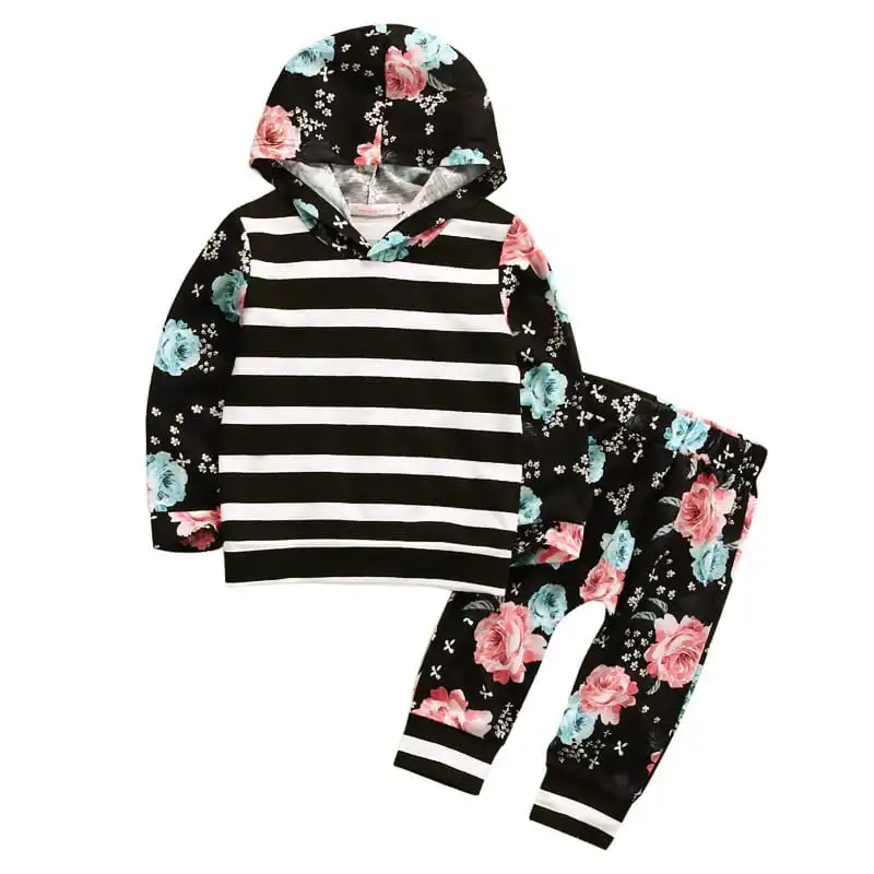 Girls Long-Sleeves Striped Flower Pattern Hoodie And Pants Set