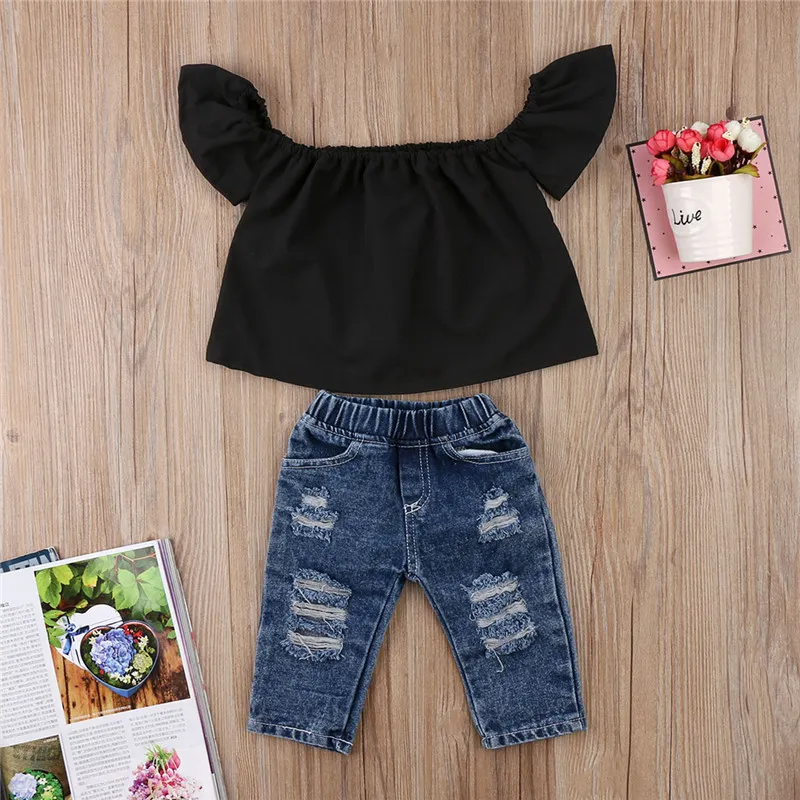 Girls Off-Shoulder Black Top And Jeans With Headband Set