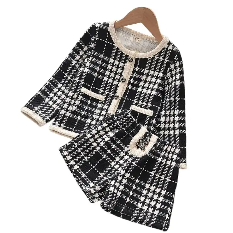 Girls Fashion Single-Breasted Design Plaid Coat And Shorts Set