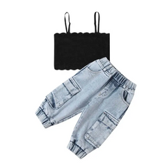 Girls Fashion Solid Color Lace Camisole And Jeans Set