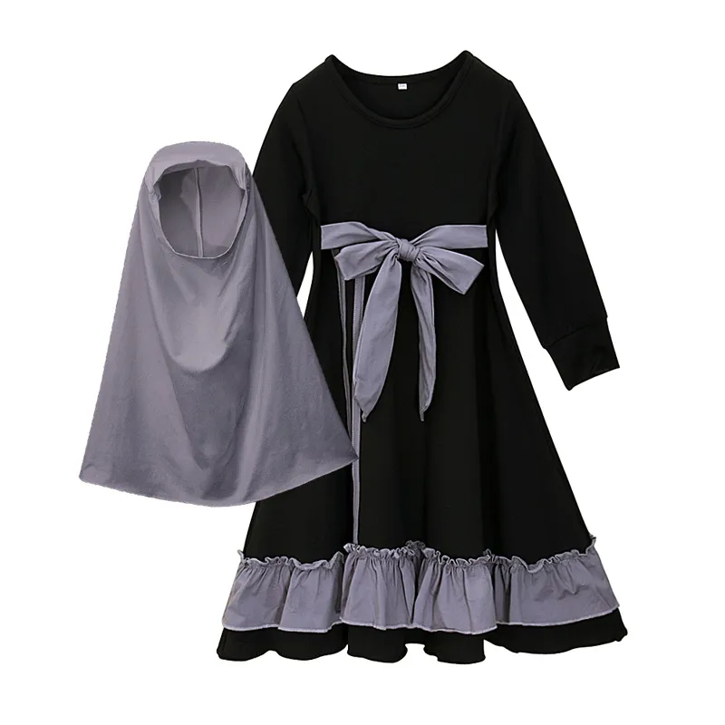 Children Kids Baby Fashion Girls Long-Sleeved Plain Color Dress And Headscarf Muslim 2pc Set