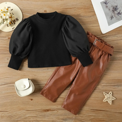 Children Kids Baby Fashion Girls Long Sleeve Solid Color Top And Pu Leather Pants 2pcs Set