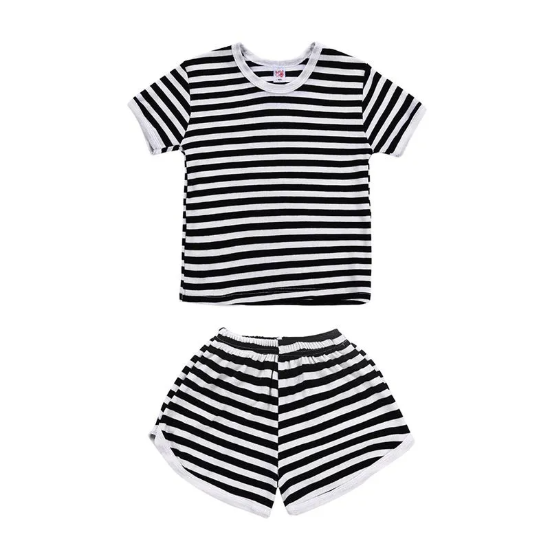 2 Pcs Kid Black Stripes Printed Tops And Shorts