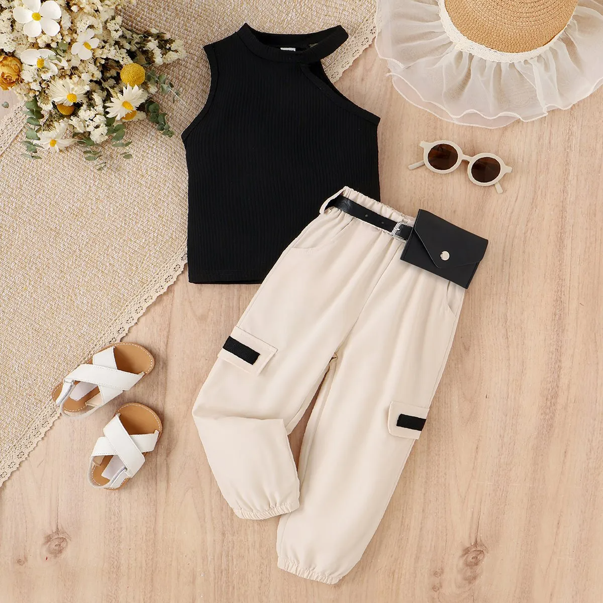 Children Kids Baby Fashion Girls Sleeveless Solid Color Suspender Top And Pockets Pants 2pcs Set