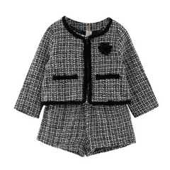 Girls Fashion Flower Decoration Plaid Coat And Shorts Set