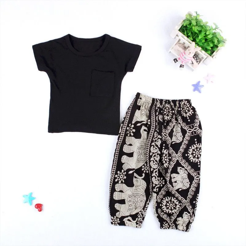 Stylish Girl Black Tees And Print Loose Pants 2 Pcs Set