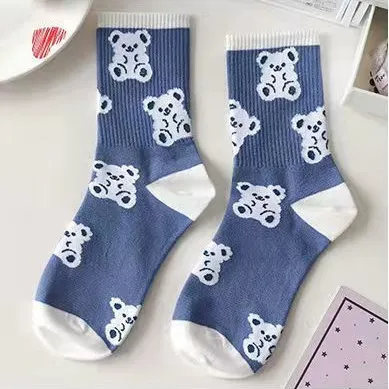 5 Pairs/Dozen Women Cute Blue Series Bear Printed Cotton Socks