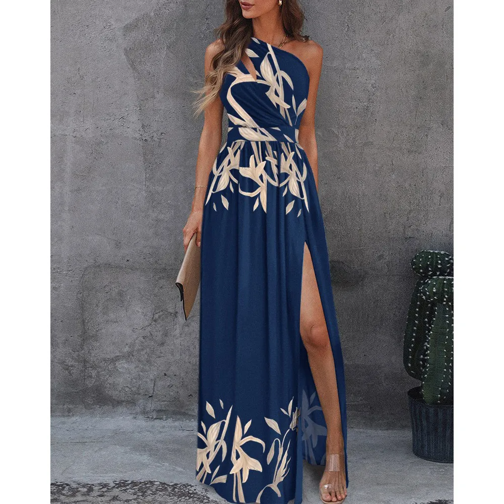 Women Fashion Sexy Oblique Shoulder Hollow-Out Maxi Dress