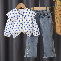 Girls Fashion Lapel Polka Dot Blouse And Jeans Set