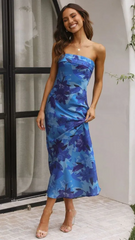 Women Temperament Floral Print Strapless Maxi Dress