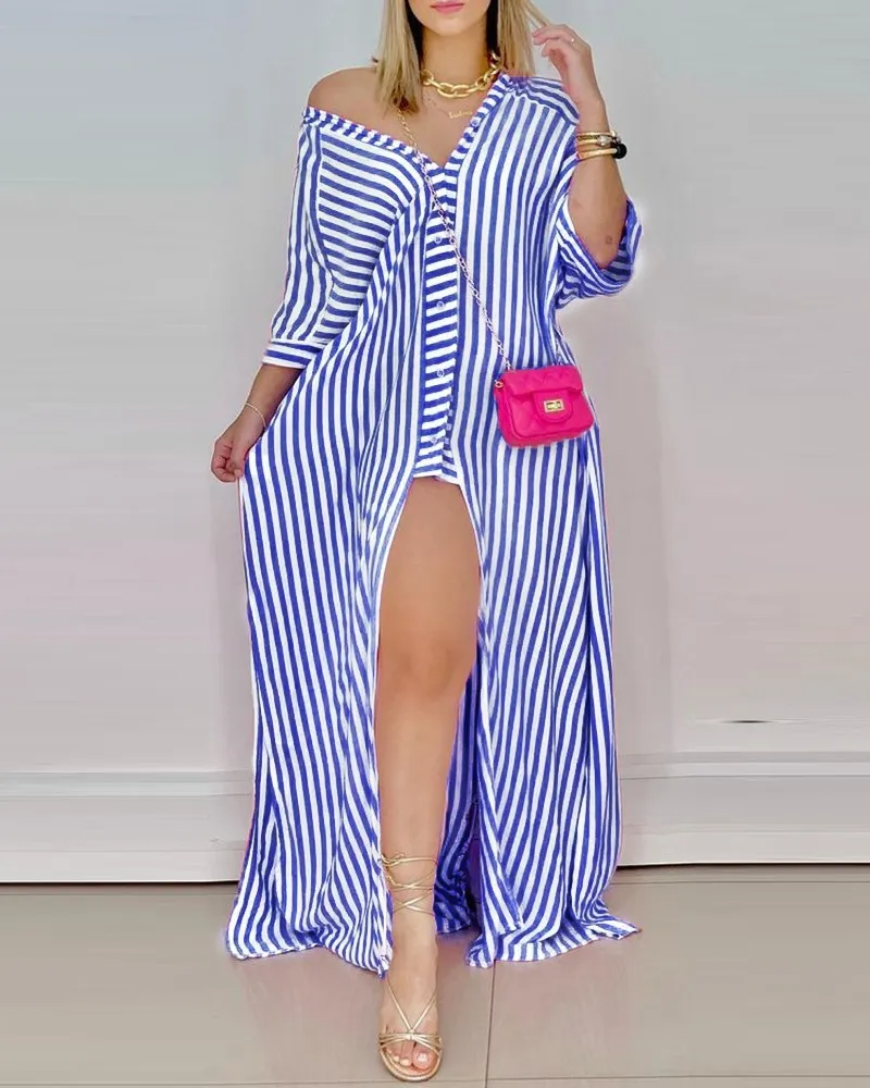 Women Fashion Sexy V-Neck Stripe Long Sleeve Shirt Dress