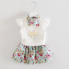 Children Kids Baby Fashion Girls Casual Basic Short Sleeve Flower T-Shirt And Skirt 2pcs Set