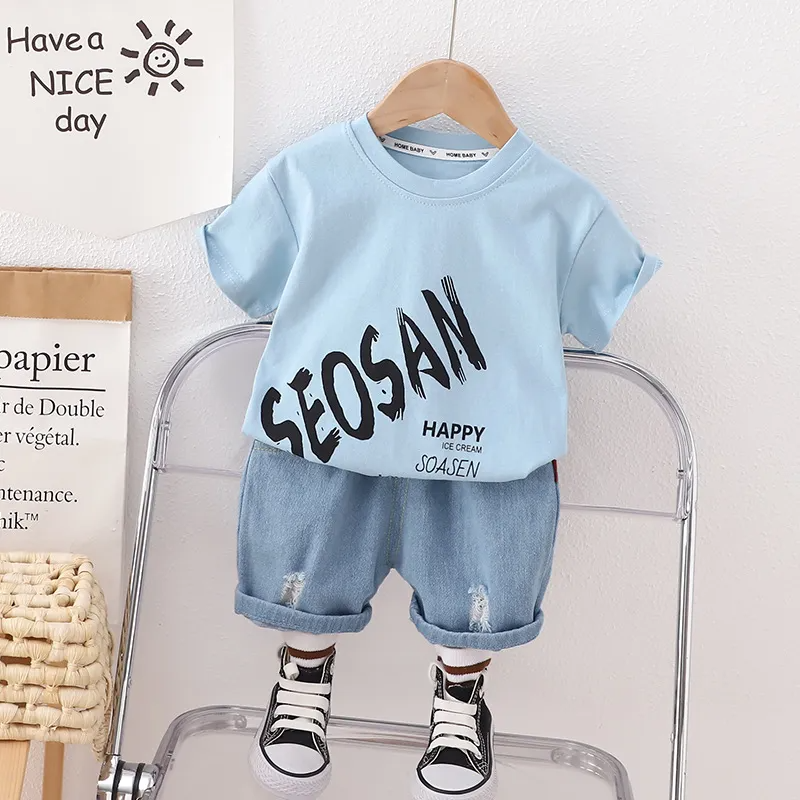 Boys Girls Neutral Summer Words Short-Sleeved Crewneck T-Shirt Denim Shorts 2-Piece Set