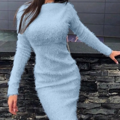 Winter Women Fashion Solid Color Plush Bodycon Dress