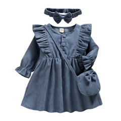 Children Kids Toddlers Fashion Girls Long Sleeve Lace Pit Strip Corduroy Dress