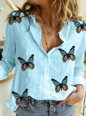 Casual Women Fashion Butterfly Print Long Sleeve Shirt Blouse