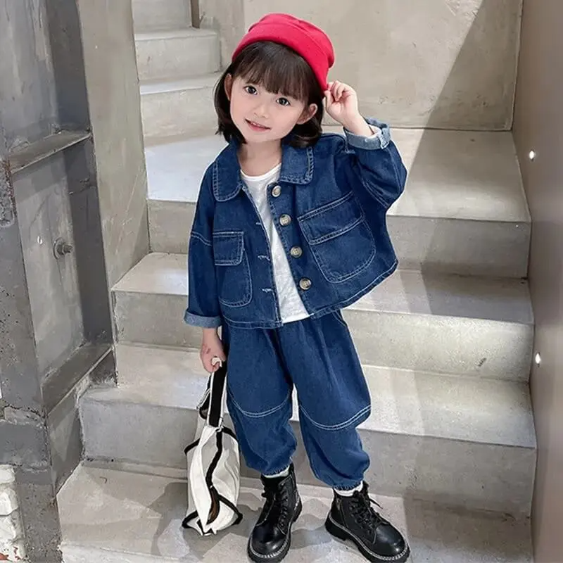 Girls Fashion Single-Breasted Pocket Design Denim Coat And Pants Set