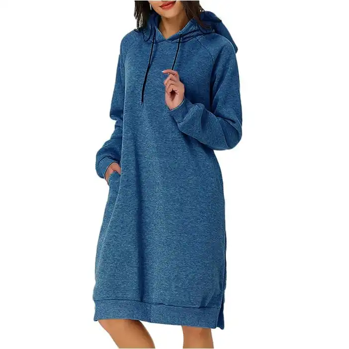 Autumn Winter Women Fashion Solid Color Hooded Long Sleeve Loose Dress