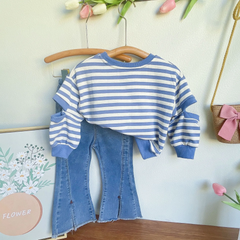 Children Kids Toddlers Girls Long-Sleeved Stripes Top And Flared Jeans 2pcs Set