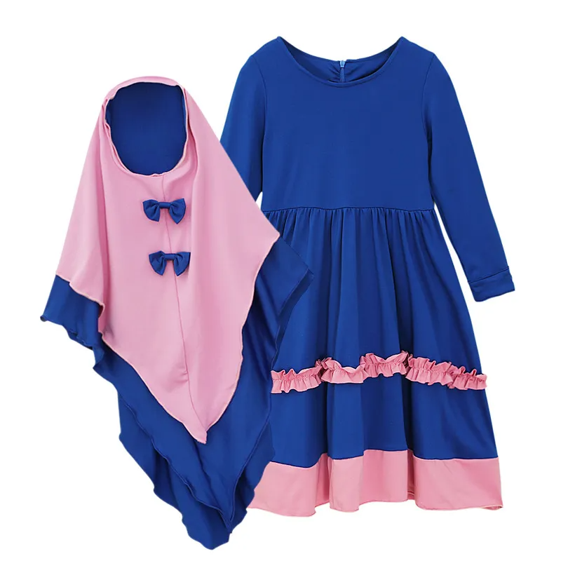 Children Kids Baby Fashion Girls Long-Sleeved Dress And Bowknot Headscarf Muslim 2pc Set