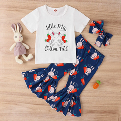 Kids Toddler Girls Casual Cute Easter Alphabet Cartoon Rabbit Print Short Sleeve Round Neck T-Shirt Flare Trousers Set