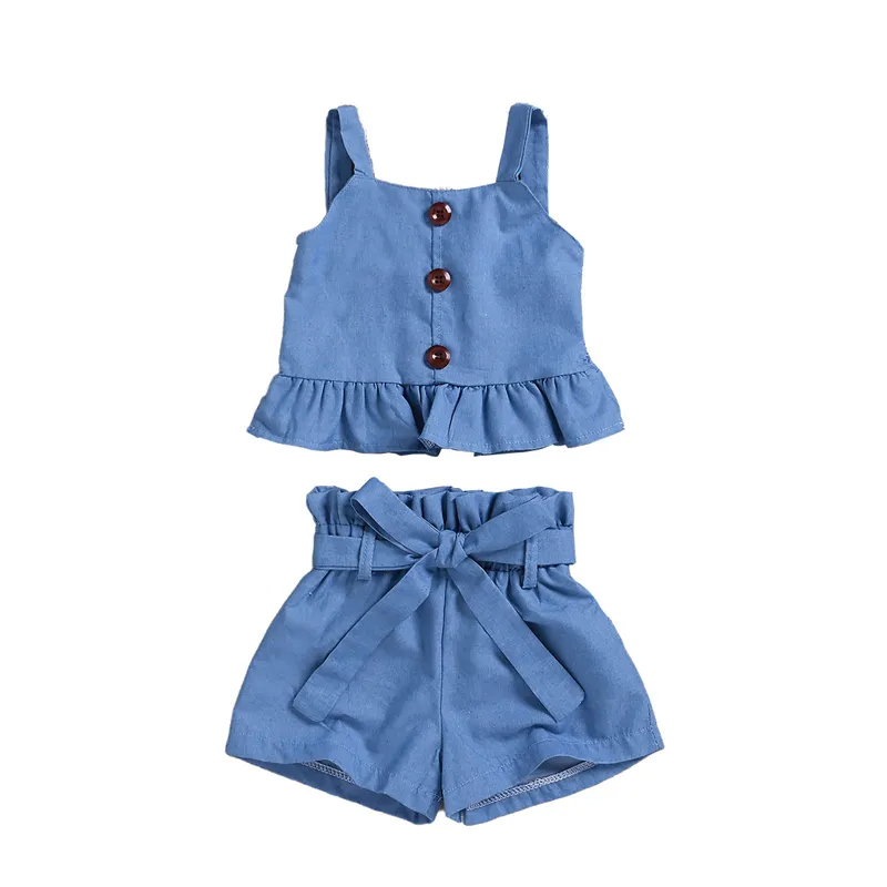 Girls Simple Solid Color Stringy Selvedge Design Tops And Shorts Set