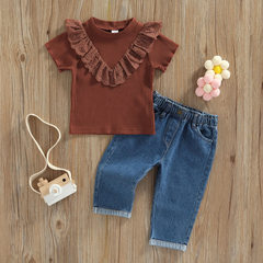 Children Kids Toddlers Fashion Girls Short Sleeve Solid Color Pit Strip T-Shirt And Denim Pants 2pcs Set