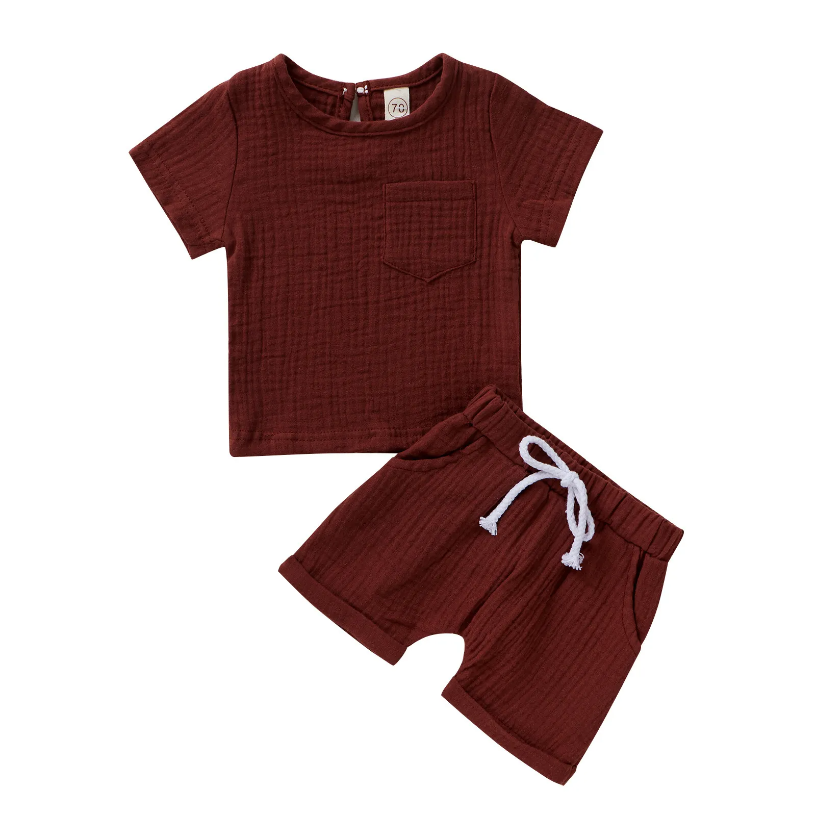 Kids Toddler Boys Girls Fashion Casual Basic Solid Color Creased Short Sleeve Round Neck T-Shirt Shorts Set