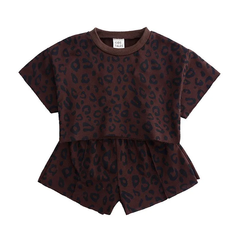 2 Pcs Set Girl Fashion Leopard Print Tees And Shorts