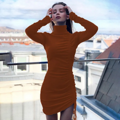 Women Elegant Solid Color Creased Drawstring Bodycon Dress