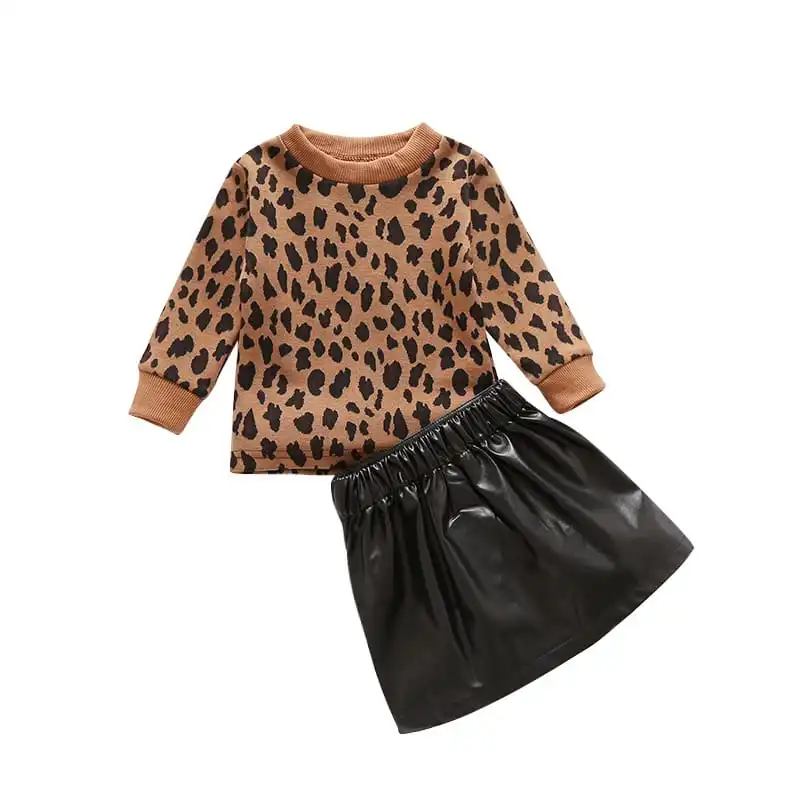 Girls Round Neck Leopard Printed Tops And PU Skirt Set