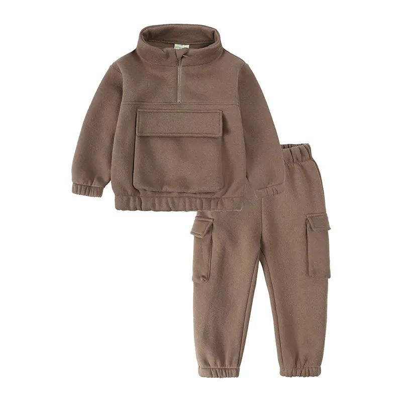 Kids Toddler Boys Girls Autumn Winter Casual Solid Color Cargo Long Sleeve Sweatshirts Trousers Fleece Sets