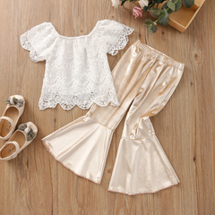 Children Kids Baby Fashion Girls Short Sleeve Flower Lace Top And Flared Pants 2pc Set